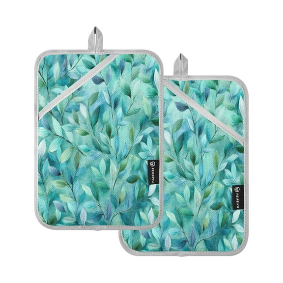 2Pack Heat-Resistant Quilted Cotton Potholders - Stylish Kitchen Grips for Hot Pots & Pans Ovens Teal Leaves and Vines