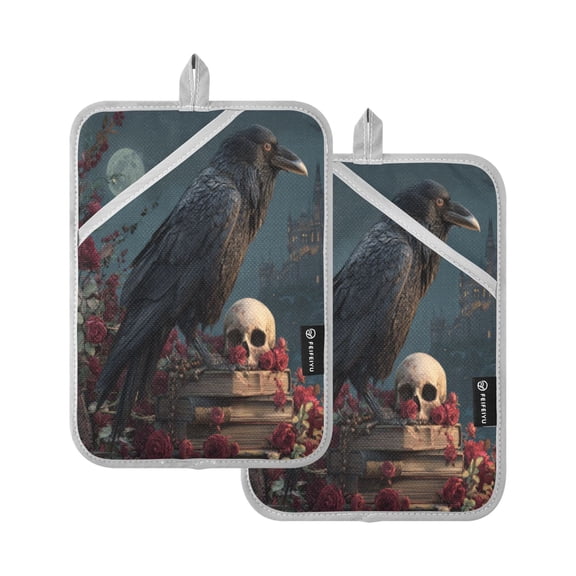 2Pack Heat-Resistant Quilted Cotton Potholders - Stylish Kitchen Grips for Hot Pots & Pans Ovens The Night Black Raven