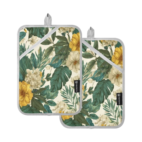 2Pack Heat-Resistant Quilted Cotton Potholders - Stylish Kitchen Grips for Hot Pots & Pans Ovens Tropical Plants