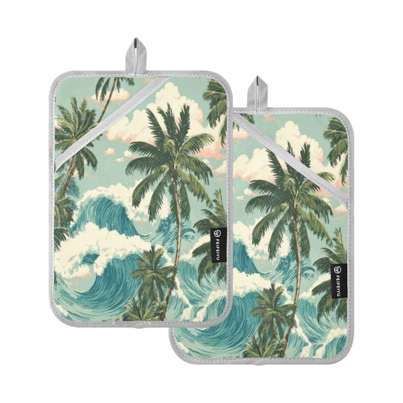 2Pack Heat-Resistant Quilted Cotton Potholders - Stylish Kitchen Grips for Hot Pots & Pans Ovens Tropical Trees by The Sea