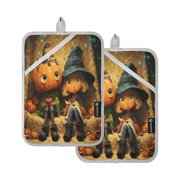 2Pack Heat-Resistant Quilted Cotton Potholders - Stylish Kitchen Grips for Hot Pots & Pans Ovens Whimsical Pumpkin