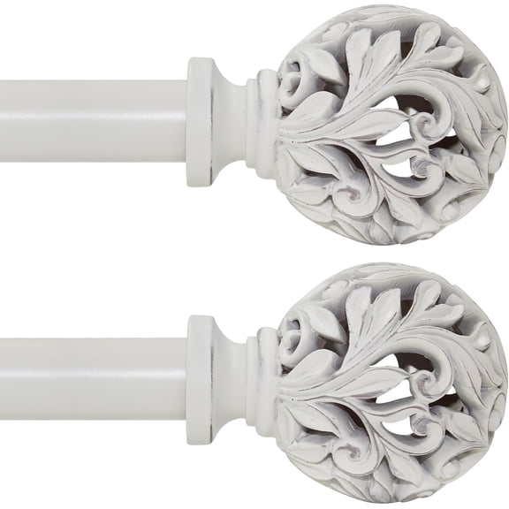 2Pack Heavy Duty Curtain Rod 36 to 120 Inches (3-10 ft),1-Inch Diameter Adjustable Drapery Rod with Decorative Carved Leaf Finials, Weathered White Curtain Rods for Living Room & Bedroom