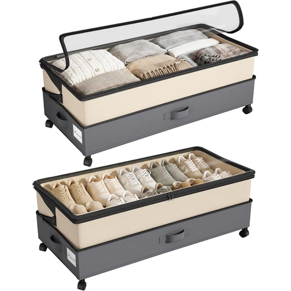 2Pack Height-Adjustable Under Bed Storage Containers with Wheels, Clear ...