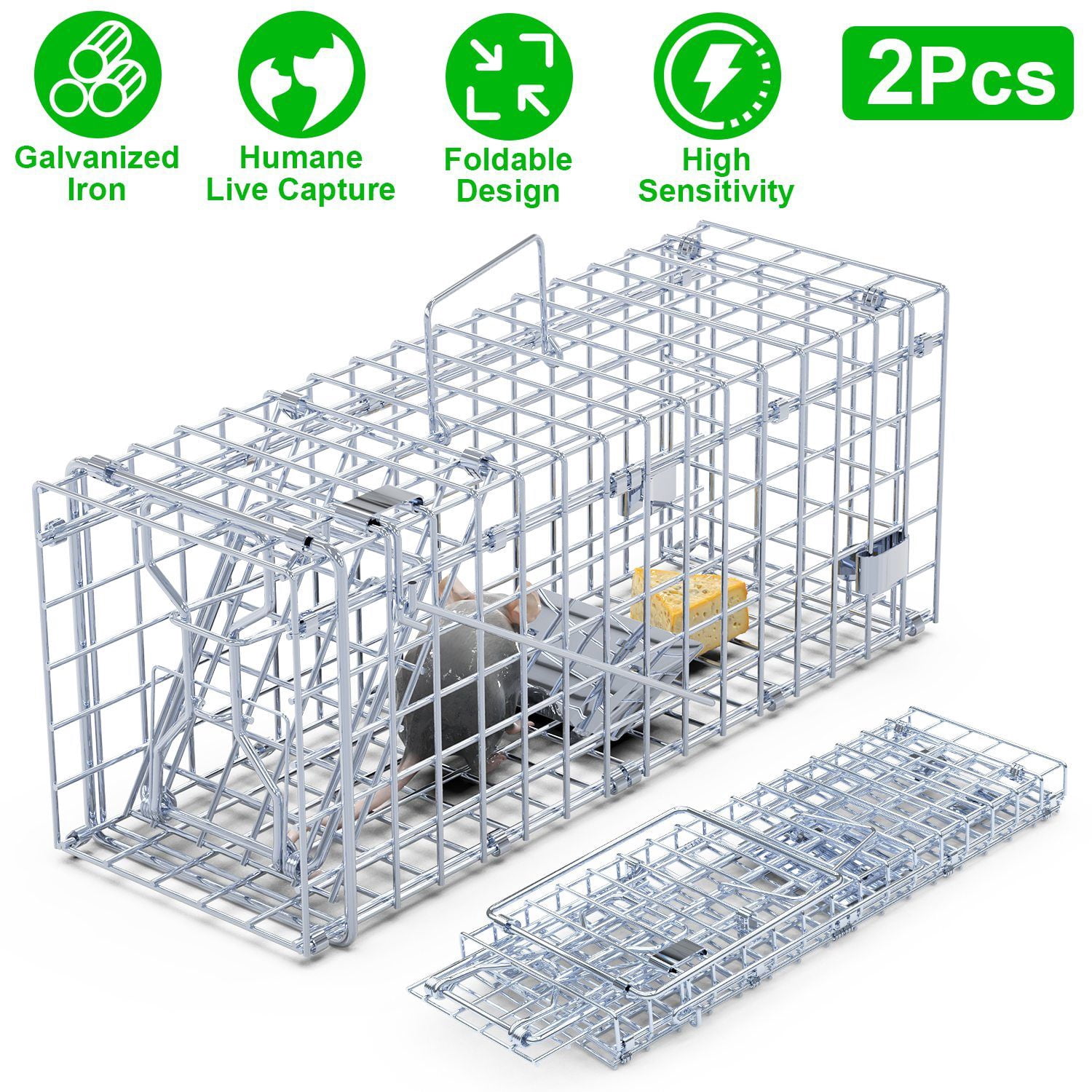 2Pack High-Sensitive Reusable Rat Trap Cage – Quick-Catch One-Touch Trigger, Solid Galvanized Wire, Weatherproof for Home, Kitchen, Garden, Warehouse – Non-Toxic & Pet-Safe