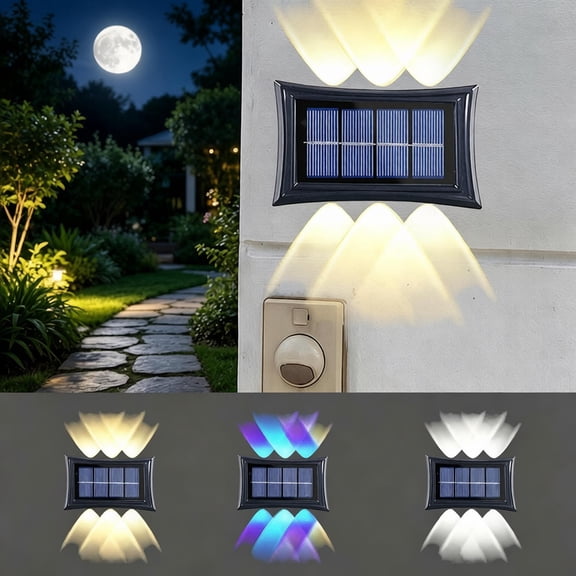 2Pack IP65 Waterproof Solar Wall Sconce Lights, Wireless Solar Powered Wall Wash LED Spotlights with Auto Light Sensor, Outdoor Decor Lamp for Yard Balcony Landscape(6LED Bulbs, Rainbow Gradient)