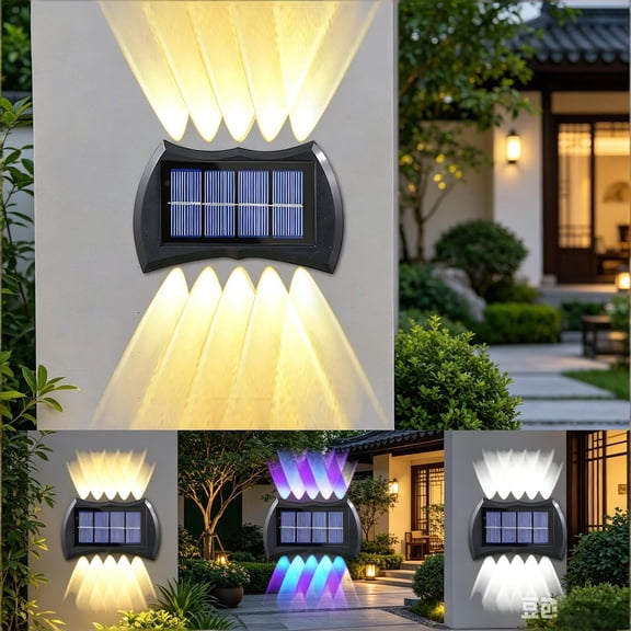 2Pack IP65 Waterproof Solar Wall Sconce Lights, Wireless Solar Powered Wall Wash LED Spotlights with Auto Light Sensor, Outdoor Decor Lamp for Yard Balcony Landscape(10LED Bulbs, Rainbow Gradient)