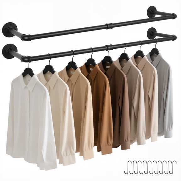 2Pack Industrial Pipe Clothes Rack, 41.7"L Wall Mounted Clothing Rack, Heavy Duty Metal Hanging Garment Racks