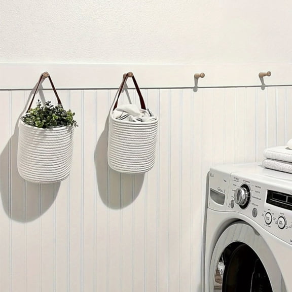 2Pack Jute Rope Hanging Basket - Woven Fern Wall Hanging Basket Flower Plants, Woven Storage 16*18cm White