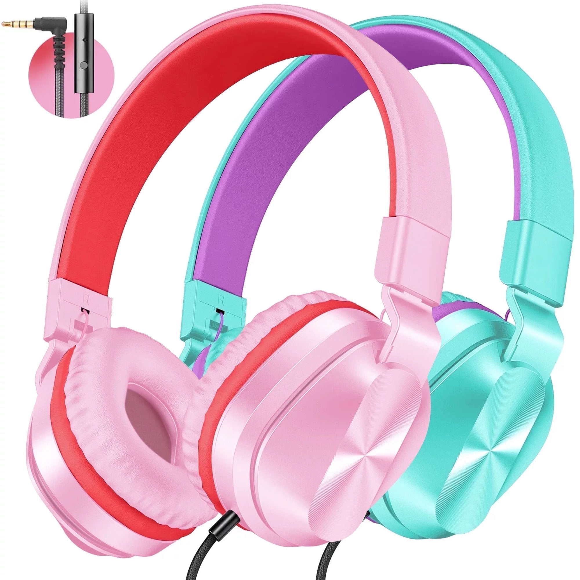 2Pack Kids Headphones with Microphone for School Classroom Bulk Set, Volume Limiter 85/94dB, Wired Girls Headphones with Foldable Design for Online Learning/Travel/