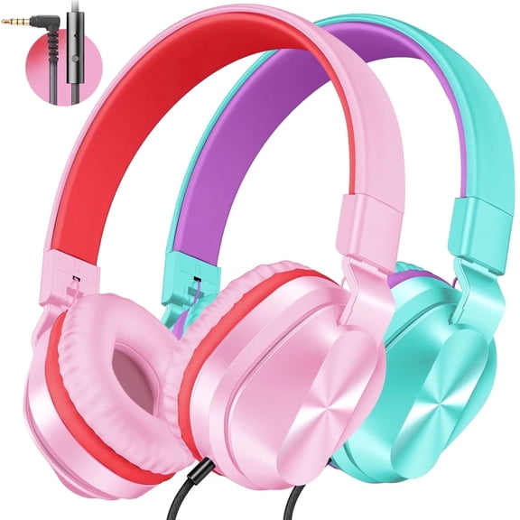 2Pack Kids Headphones with Microphone for School Classroom Bulk Set, Volume Limiter 85/94dB, Wired Girls Headphones with Foldable Design for Online Learning/Travel/
