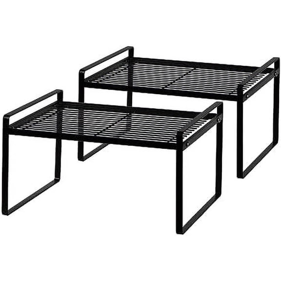 2Pack Kitchen Cabinet Shelf Counter Organizer Rack Pantry Storage Bathroom Bedroom Office Table Desk Space Saving Stackable Rust Resistant Non Slip Black Wide L13.1in W10.6in H7.3in
