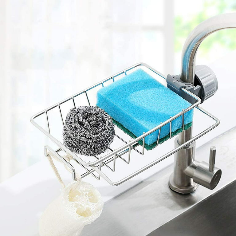 Kitchen Sink Organizer Sponge Holder with Towel Rack Countertop Sponge Brush  Soap Dish Rack Drainer Sink Tray with Drain Pan
