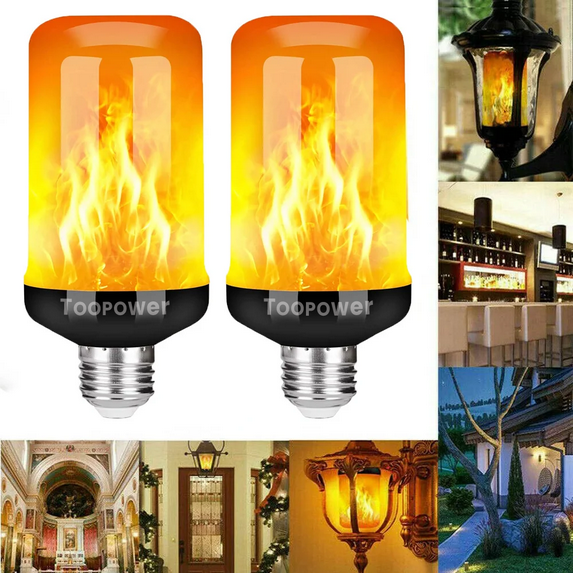 Toopower LED Flame Effect Fire Light Bulb, E26 Base, Simulated Flickering Flame, 2 Pack