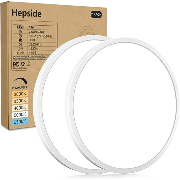 2Pack LED Flush Mount Ceiling Light Fixture, 12Inch 24W, Dimmable&3000K/3500K/4000K/5000K/6500K Adjustable Low Profile Ceiling Lights, White Round Flat Ceiling Light for Closet,Kitchen,Hallway