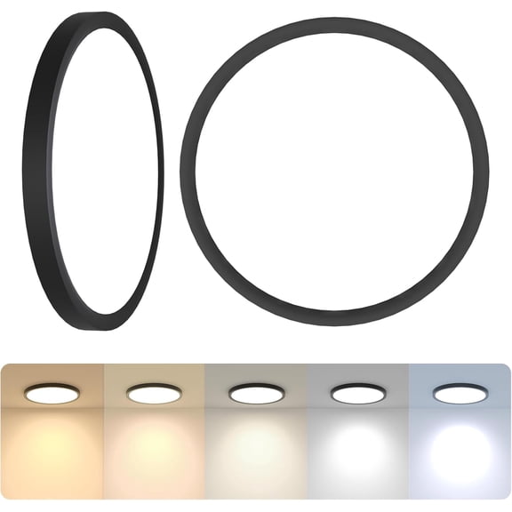 2Pack LED Flush Mount Ceiling Light Fixture Black,12Inch 24W 2640LM,Dimmable 5 CCT Selectable (2700K-6500K),Round Flat Panel Light for Bedroom,0.7Inch Thin Modern Low Profile Design for Hallway
