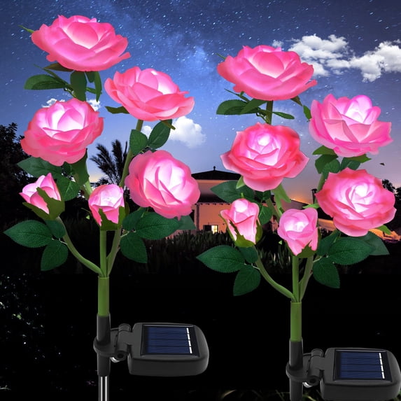 2Pack LED Solar Lights Outdoor Waterproof with 5 Roses, Soft Light, Charging in The Daytime and Light Up at Night for Patio Pathway Courtyard Garden Lawn (Pink)