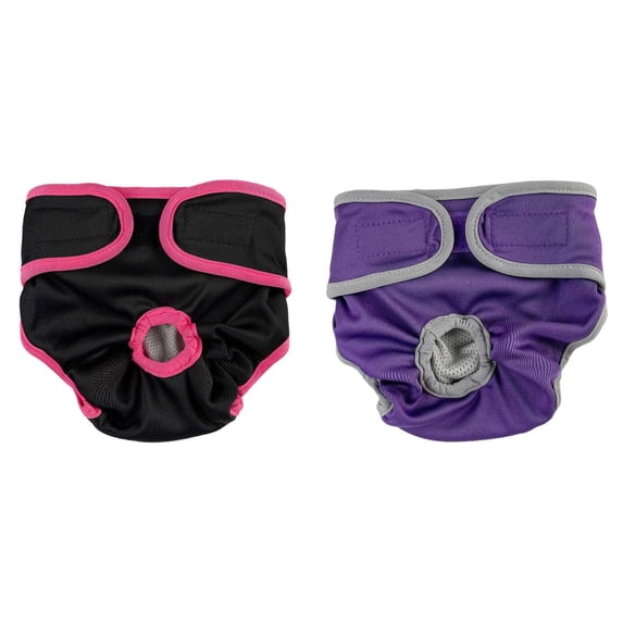 2Pack Large Size Washable Dog Diapers for Female Dogs, Reusable Waterproof Leak Proof Diapers for Heat & Incontinence, Purple + Black, S
