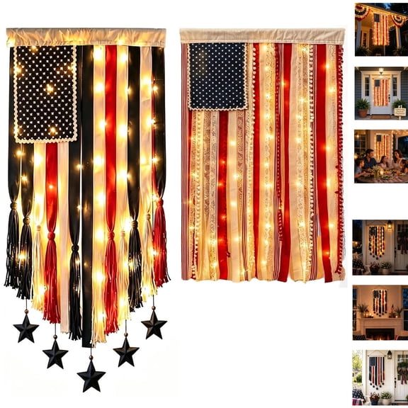 2Pack Lighted Rag American Flag Banner 4 x 2.3 Ft, Rag American Flag Banner for Home Party Supplies, Patriotic Wall Hanging for Memorial Day, Independence Day Party, Farmhouse Home Decor