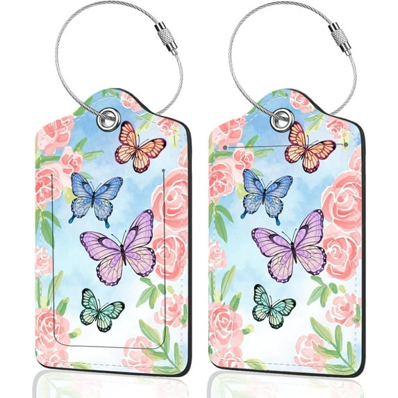 2Pack Luggage Tags for Suitcases, Cute  Pu Leather Cruise Luggage Tag with  Cover ID Label Address Card and Metal Ring Suitable for Women Men  Travel Bag   and Butterflies