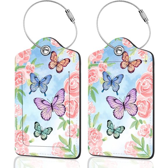2Pack Luggage Tags for Suitcases, Cute Pu Leather Cruise Luggage Tag with Cover ID Label Address Card and Metal Ring Suitable for Women Men Travel Bag and Butterflies
