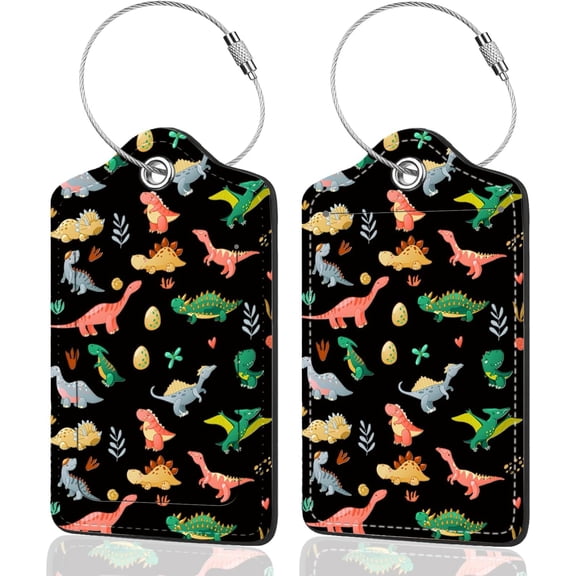 2Pack Luggage Tags for Suitcases, Cute Pu Leather Cruise Luggage Tag with Cover ID Label Address Card and Metal Ring Suitable for Women Men Travel Bag Dinosaurs and