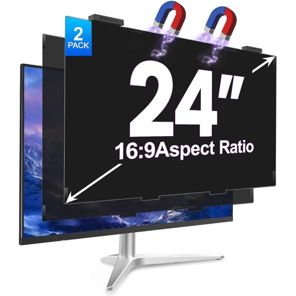 2Pack Magnetic 24 Inch Privacy Screen for Computer Monitor 16:9 Aspect Ratio, Hanging Removable Anti-Blue/Glare Protector Film, Anti Spy Desktop Security Private Filter 24in