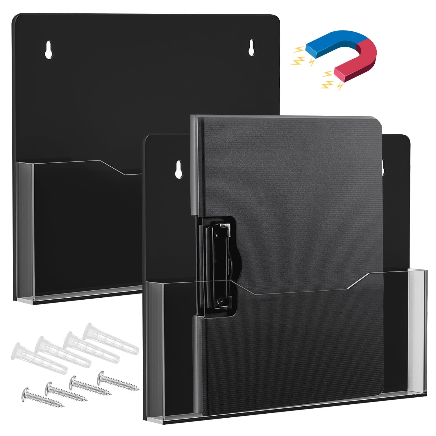 2Pack Magnetic File Organizer - Clear Acrylic Hanging Wall File Holder, Wall Mount Folder Mail Document Magazine Holder for Office, Fridge, Whiteboard, Black Back