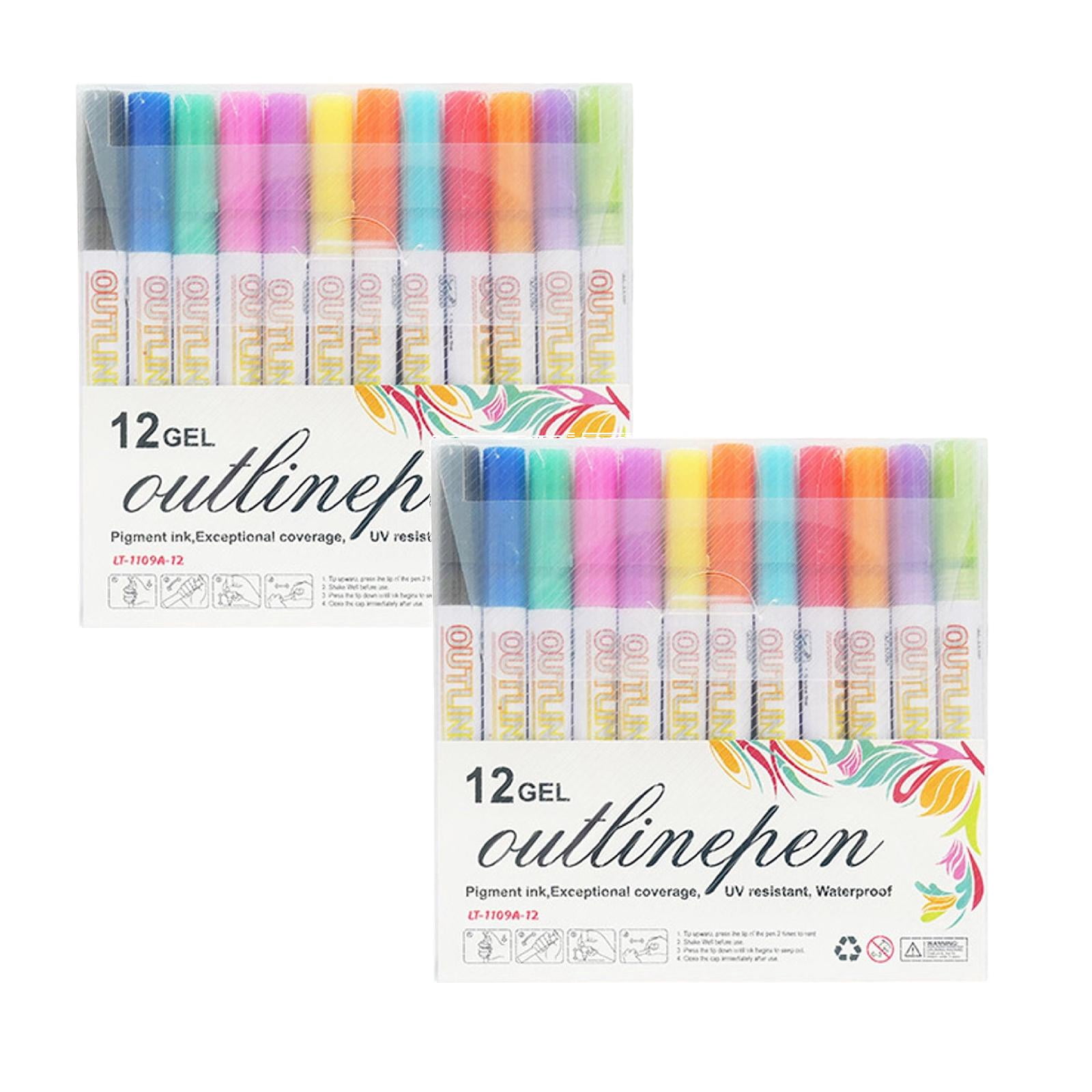 2Pack Marker Pen For Highlight, 2026 New Dual-Line Highlighter Outline Marker Set, Metallic Paint Markers For Black Paper Pens Glitter Markers Scrapbook Supplies (12 Color)
