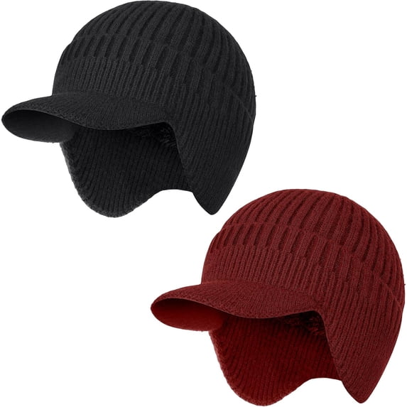 2Pack Men&Women Winter Warm Fleece-Lined Knit Beanie Hats with Visor & Ear Flaps for Cold Weather