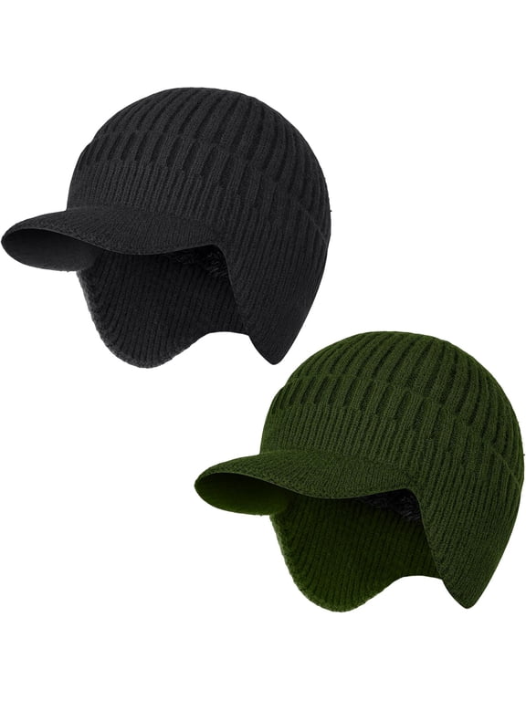2Pack Men&Women Winter Warm Fleece-Lined Knit Beanie Hats with Visor & Ear Flaps for Cold Weather