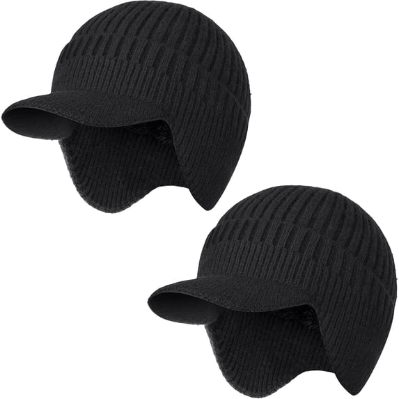 2Pack Men&Women Winter Warm Fleece-Lined Knit Beanie Hats with Visor & Ear Flaps for Cold Weather