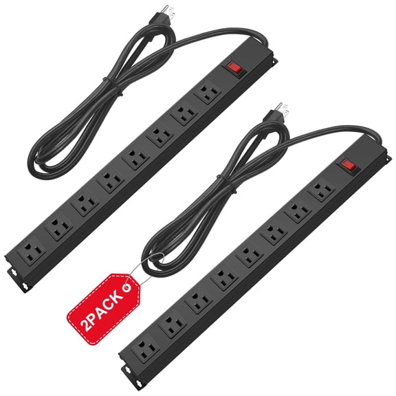 2Pack Metal 8 Outlet Mountable Power Strip, Wall Mount Outlet Heavy Duty, Wide Spaced Commercial Shop Power Strip with Switch, 15 FT SJT 14AWG Power Cord.