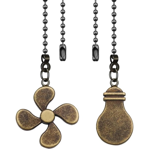 2Pack Metal Ceiling Fan Pull Chain, 12inch Fan & Bulb Pattern Ornaments String Cord Extension, 3mm Ball Chain Decorative Pendant Extender with Connector, Bronze