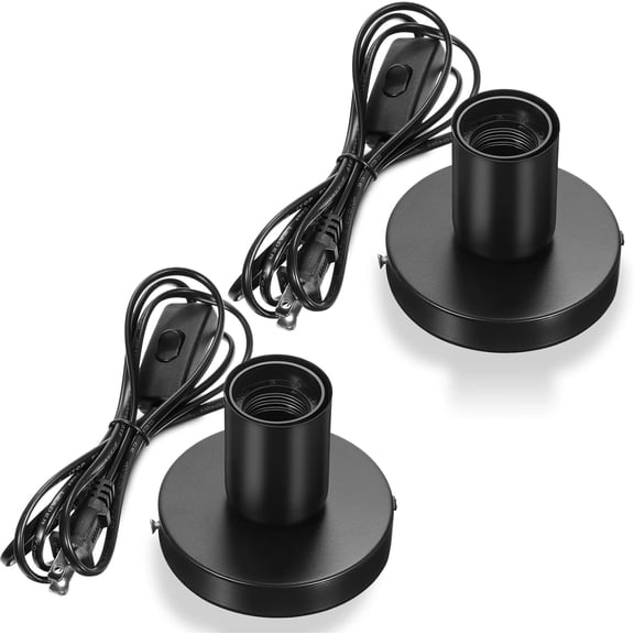 2Pack Metal Desktop Lamp Base E26 E27 Screw Light Bulb Holder Sockets Night Light Base Lamp Replacement for Holding Bulb 6 Feet Cord on Off Switch Plug(Black)