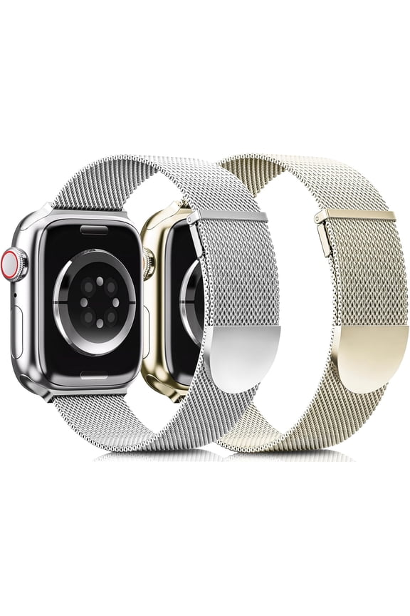 2Pack Metal Magnetic Band Compatible with Apple Watch Bands 38mm 40mm 41mm 42mm 44mm 45mm 49mm Women Men,Milanese Loop Stainless Steel Mesh Adjustable Strap for iWatch Series 9 8 7 6 5 4 3 2 SE ultra