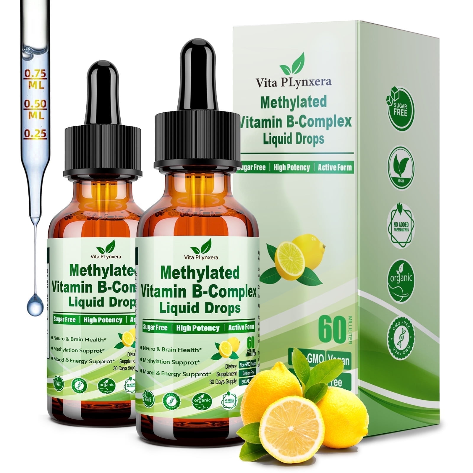 2Pack Methylated B Complex Liquid Drop Complete 9-in-1 Methyl B Vitamins w. B12 Methylfolate Inositol Choline TMG Vitamin C E, Super B-Complex Methylated for MTHFR Support, Energy Mood Nerve & Brain