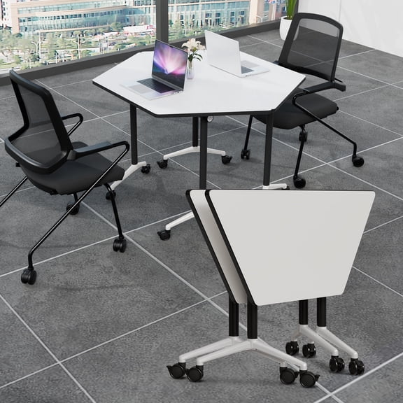 2Pack Modular Conference Table, 47.2 Inch White Folding Training Room Tables with Locking Wheels, Modern Conference Room Tables Foldable Meeting Tables for Office, Classroom(White)