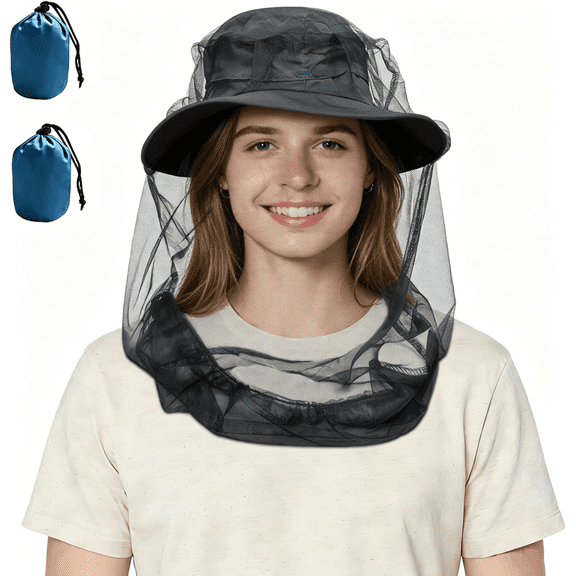 2Pack Mosquito Head Net Mesh for Hiking & Outdoors,Bug Face Netting over Hat, Fly Bug Protection, for Beekeeping, Camping, Hiking, Gardening, Safari(Black)