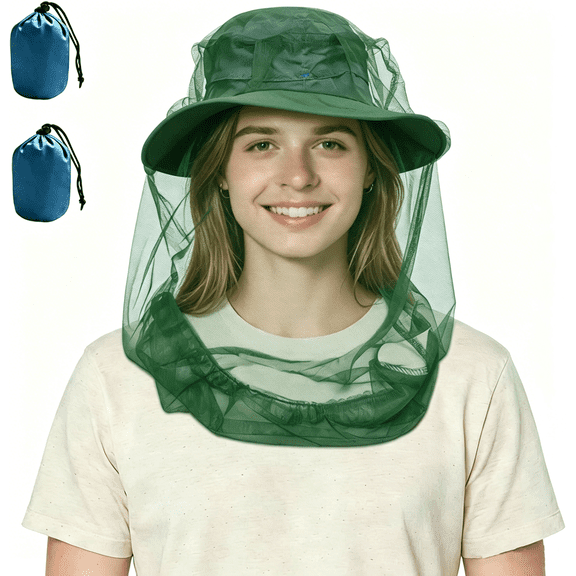 2Pack Mosquito Head Net Mesh for Hiking & Outdoors,Bug Face Netting over Hat, Fly Bug Protection, for Beekeeping, Camping, Hiking, Gardening, Safari(Green)