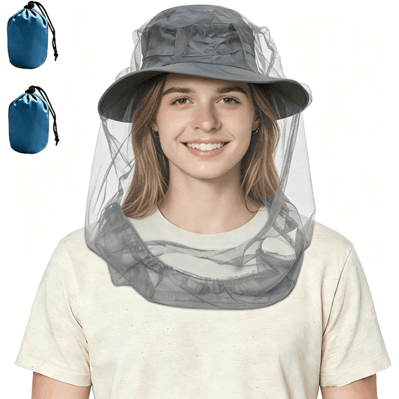 2Pack Mosquito Head Net Mesh for Hiking & Outdoors,Bug Face Netting over Hat, Fly Bug Protection, for Beekeeping, Camping, Hiking, Gardening, Safari（Grey））