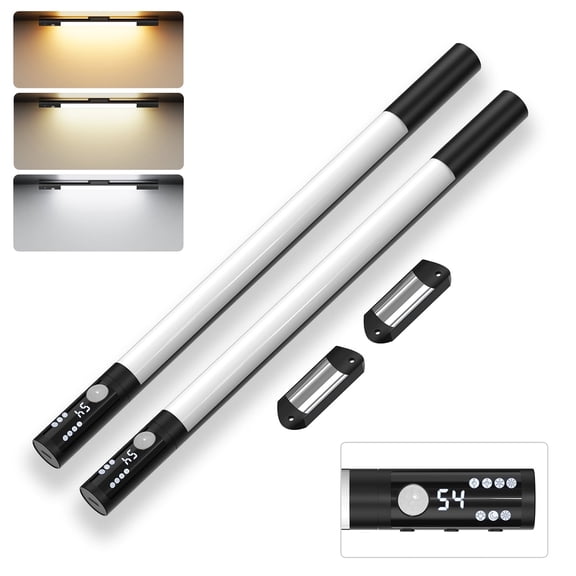 2Pack Motion Sensor Closet Light with Digital Display, 3 Color Modes, 4 Brightness Levels, 2000mAh Rechargeable Battery, Adjustable PIR Cabinet Light for Bedroom, Kitchen, Hallway – Black