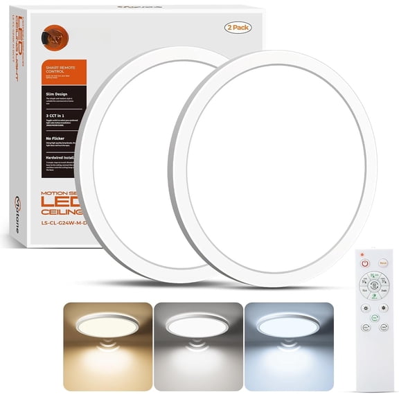2Pack Motion Sensor LED Ceiling Light with Remote, 12 Inch Wired Flush Mount Light 3000K 4000K 5000K, 2400LM Dimmable Motion Sensor Light Indoor for Closet Hallway Laundry Stairs Version