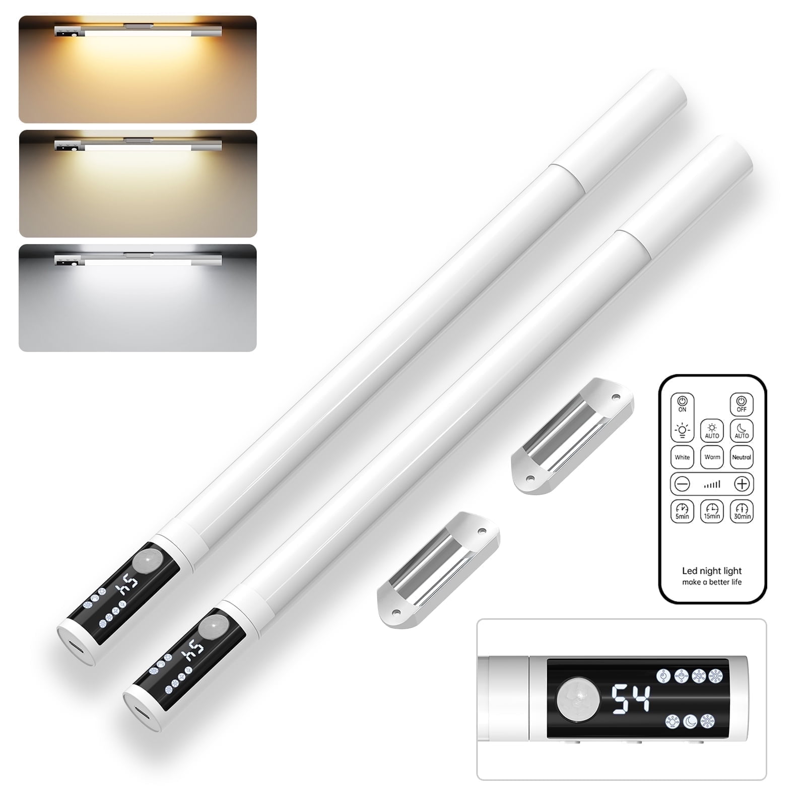 2Pack Motion Sensor Light with Remote Control and Digital Display, 3 Color Temperatures, Adjustable Brightness, Rechargeable 2000mAh Battery, PIR Closet Light for Home Lighting – White