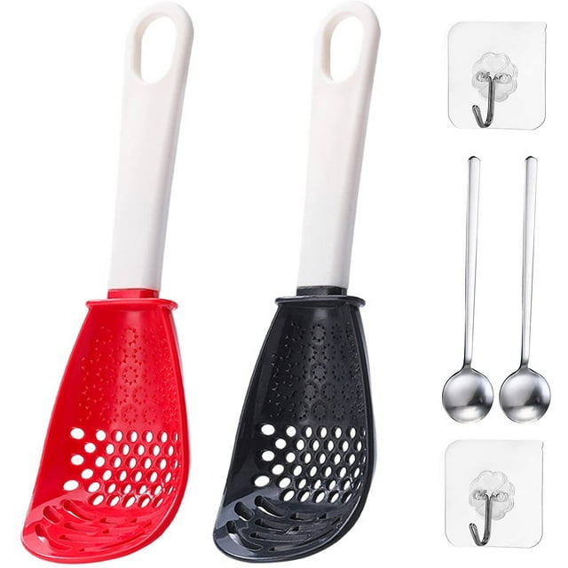 2Pack Multifunctional Kitchen Cooking Spoon, Slotted Spoon for Cooking Strainer Spoon, All in One Garlic Press Grinder Kitchen Spoons for Mashing Draining