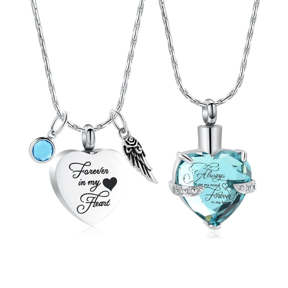 2Pack Neacklace March Birthstone Heart with Cremation Jewelry for Ashes Urn