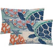 2Pack Ocean Theme Throw Pillow Covers Mediterranean Style Decorative with Sea Turtles/Coral Rectangular/Waist Cushion Cover Beach Nautical Cotton Linen Decorative Pillowcases 12"x20"
