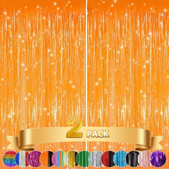2Pack Orange Fringe Curtain Party Streamers, Foil Fringe Backdrop Curtains for Birthday Decorations Wedding Graduation Bridal Baby Shower Tinsel Streamers Orange Party Decorations Door Streamer