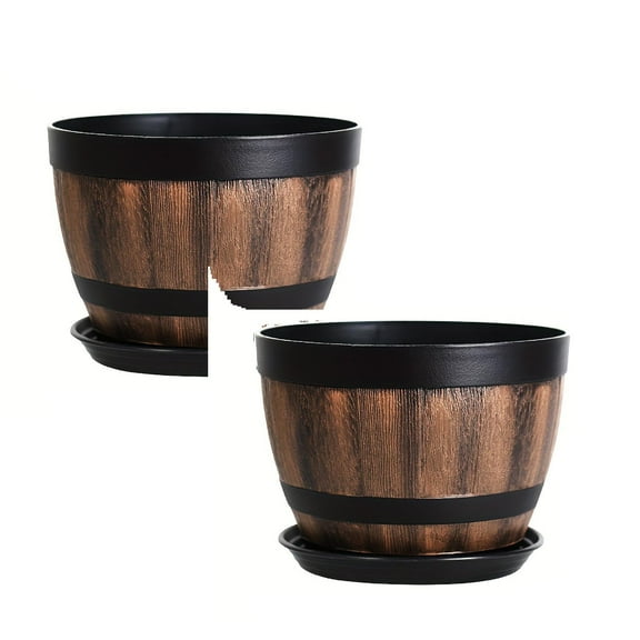2Pack Outdoor Garden Flower Pots Planters For Balcony Patio Yard Decorative Wood Barrel Style Lightweight Durable Container Flower Pots Home Decor