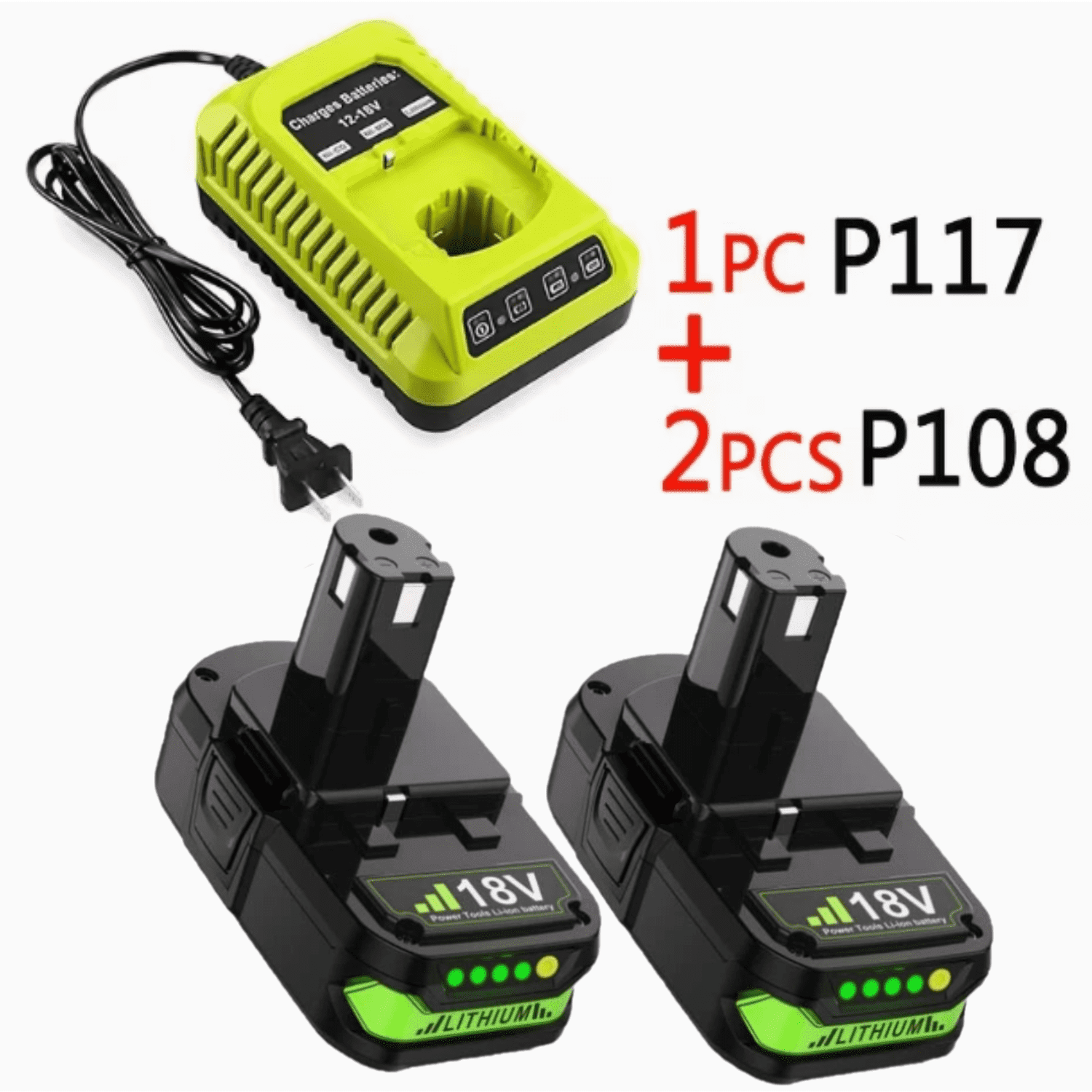 2Pack P108 P102 3.6Ah Replacement for Ryobi 18V Battery and P117 Charger Combo
