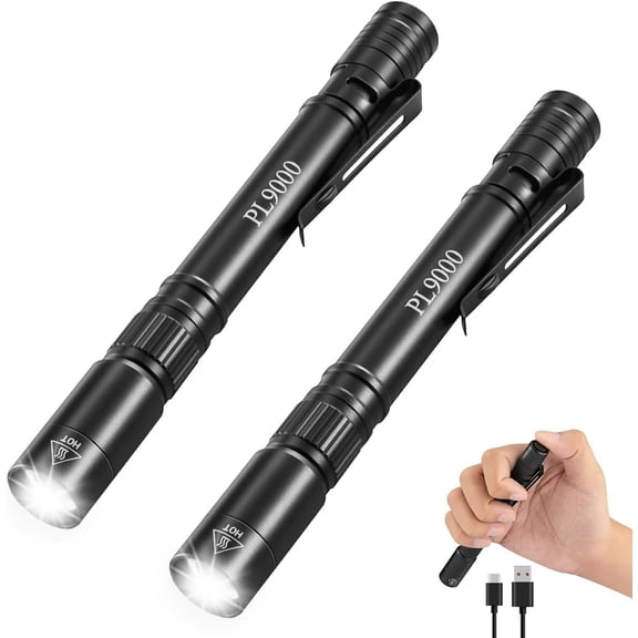 2Pack Pen Flashlight Rechargeable PL9000, 5Mode Bright Pen Light Flashlight High Lumens, Waterproof Pocket Flashlights, EDC Adjustable Tactical Flash Light, LED Small Lights with Clip for Emergencies